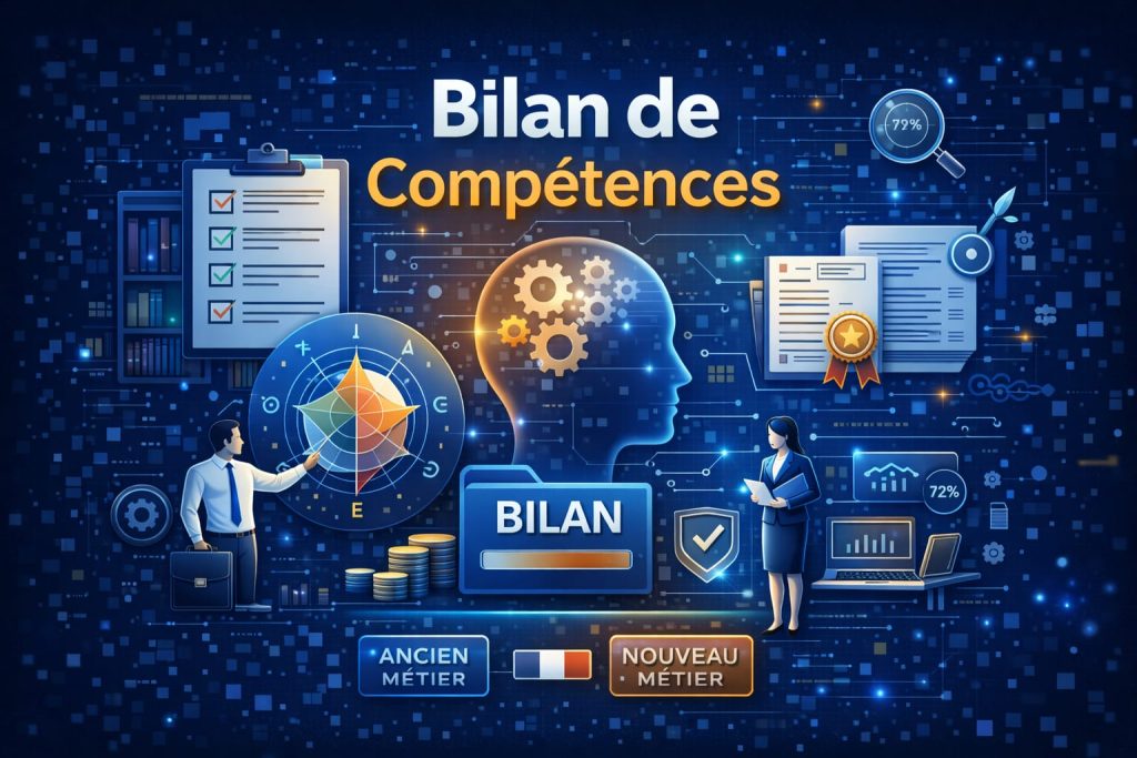 Illustration bilan de compétences avec analyse des aptitudes, évaluation professionnelle et orientation de carrière