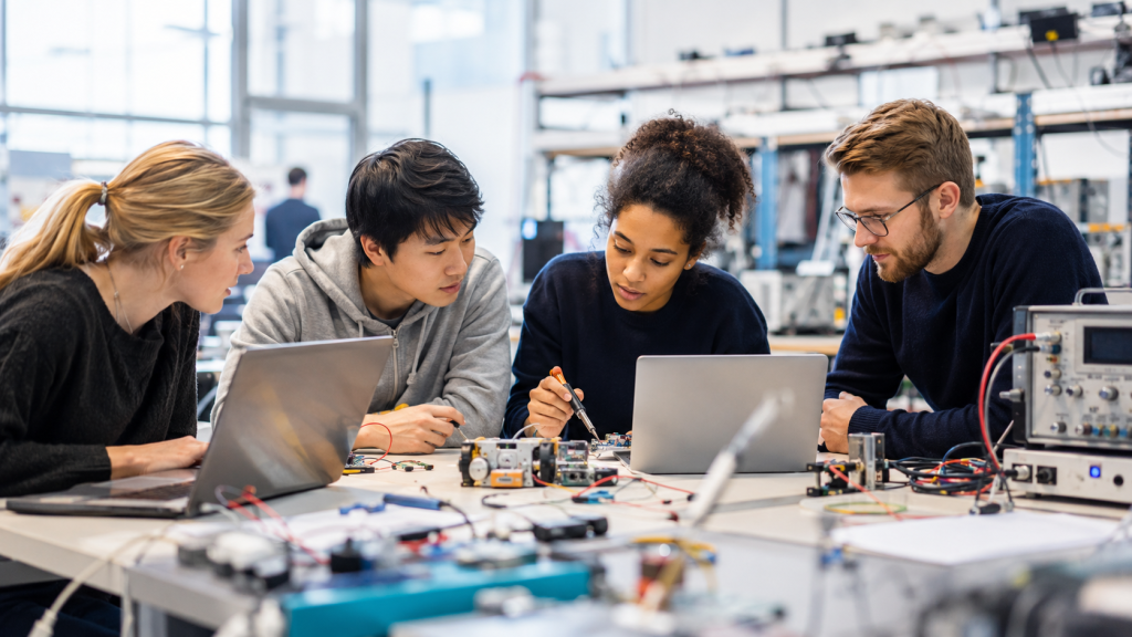 Travail d'équipe en laboratoire électronique dans une école d'ingénieurs